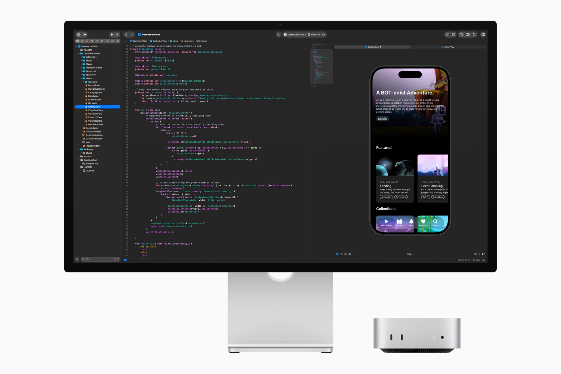 Mesa de trabalho com Studio Display e Mac mini rodando Xcode